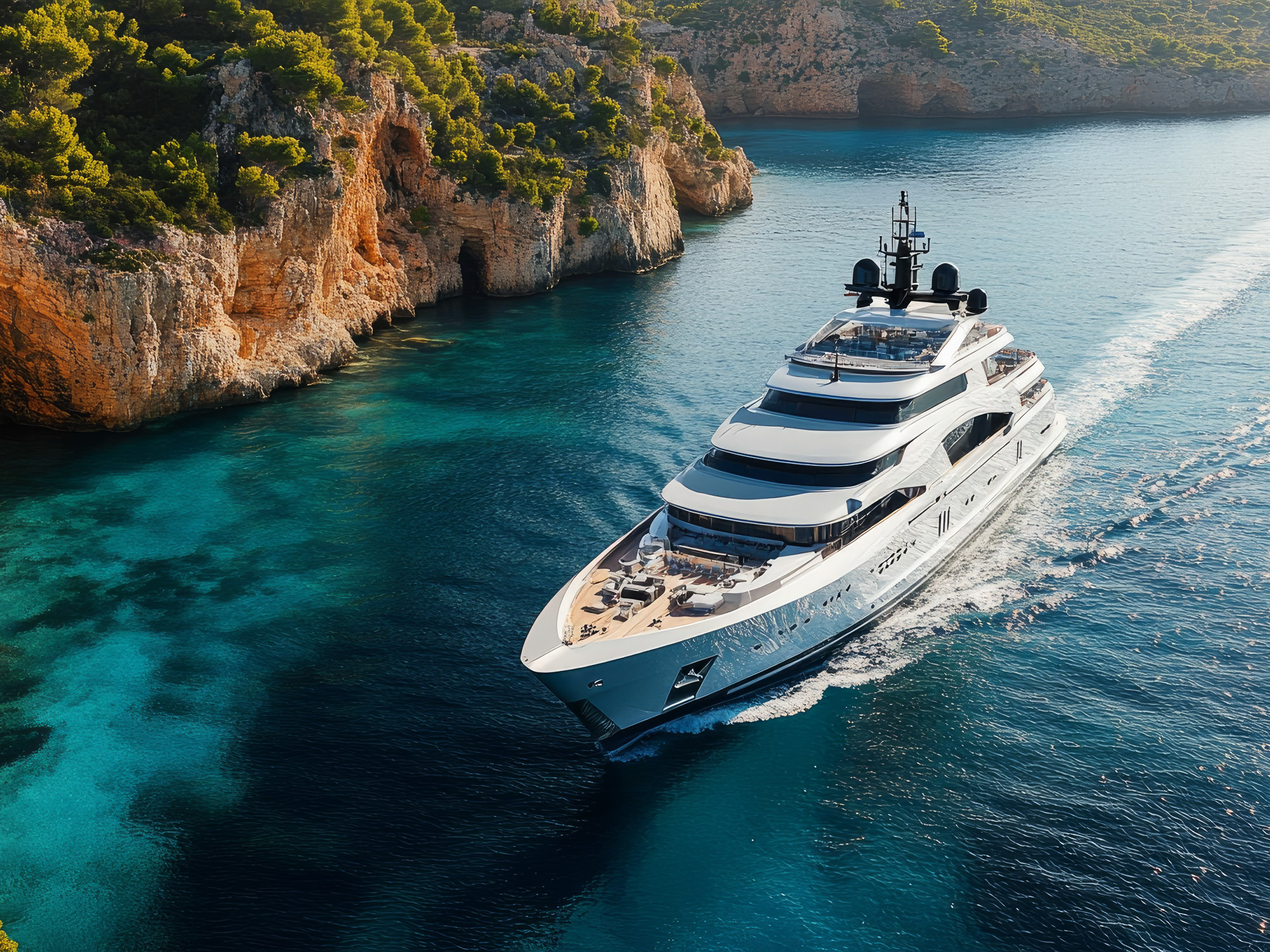 A large yacht sails along the coast of Ibiza, Spain, in the Mediterranean Sea. --ar 16:9 --v 6.1 Job ID: c8fb22ec-af61-41ec-8201-bf631f7f32fa