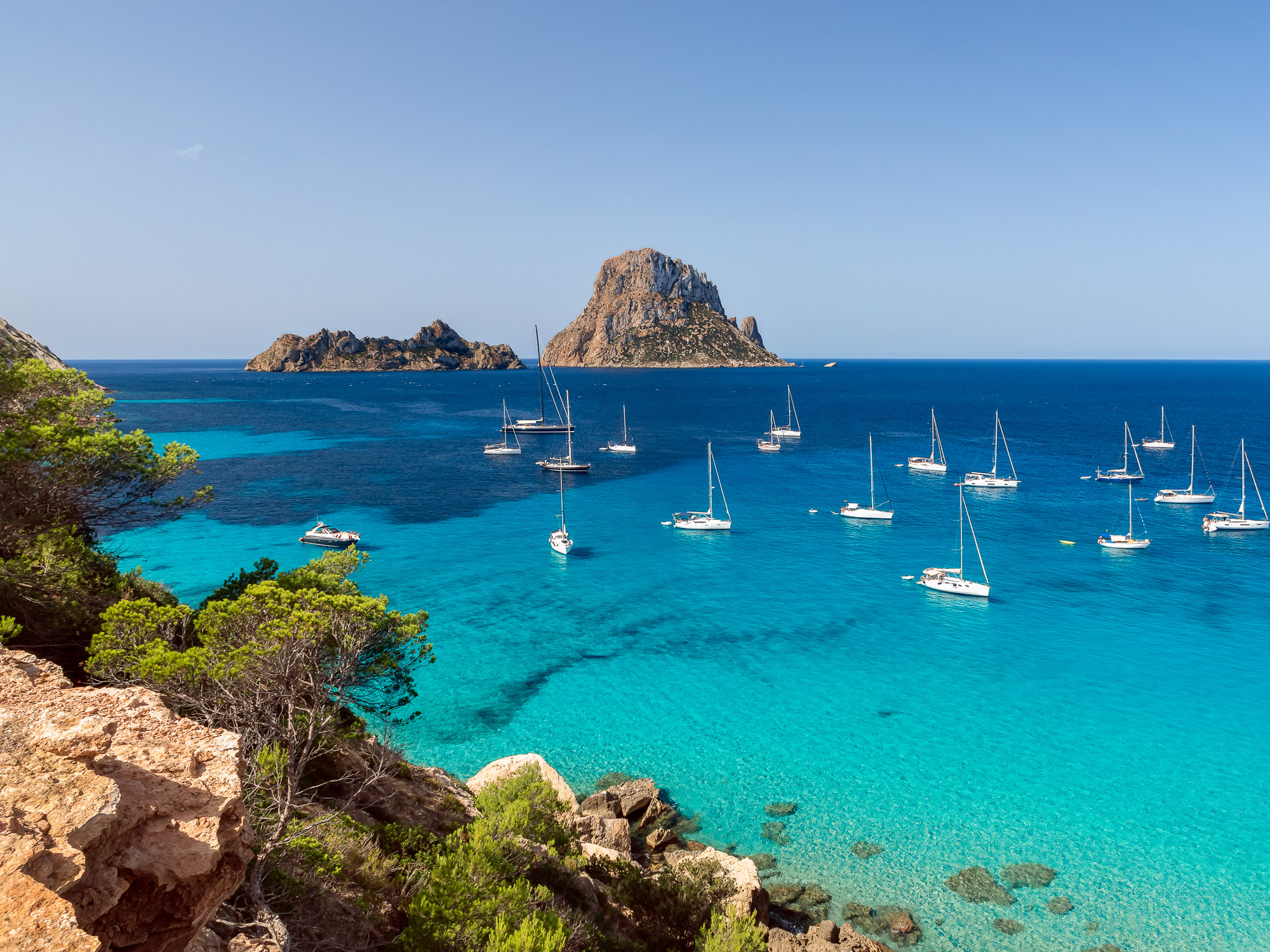 Beautiful panoramic view of  Cala Hort and the mountain Es Vedra. Balearic Islands, Spain